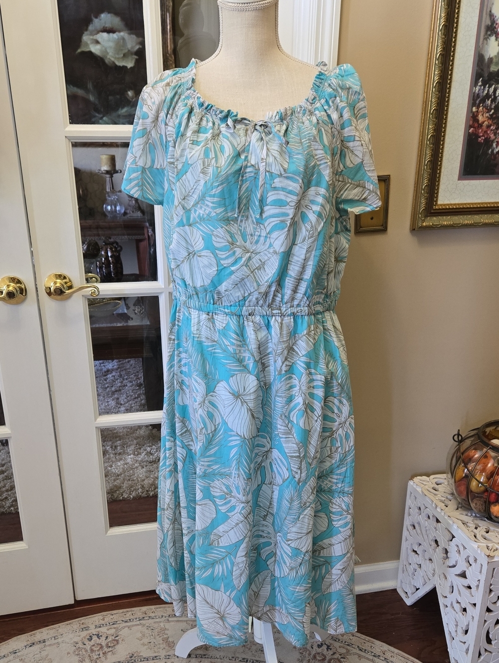 Talbots Aqua White Sage Tropical Leaf Midi Dress Short Slv Elastic Waist 14 EUC